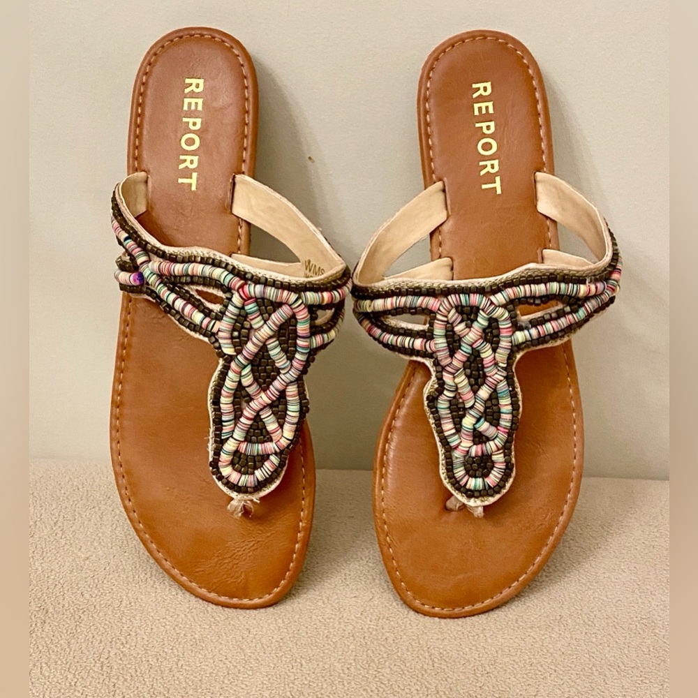 Report Imogene Red Green Yellow SZ 10 Boho Chic Festival Sequin Beaded Sandals